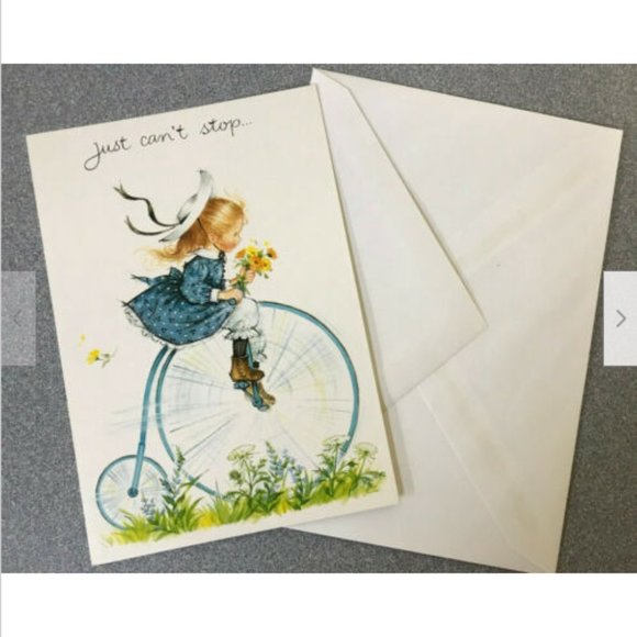 Vtg Embassy Little Girl Birthday Greeting Card Penny Farthing High Wheel Bicycle - Picture 2 of 4